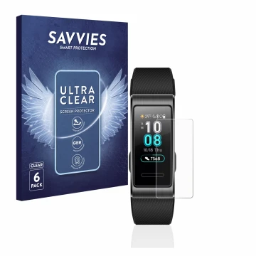 Face avant d’un emballage produit avec le logo de la marque Savvies. À côté, l’appareil Huawei Band 4 Pro est représenté avec 