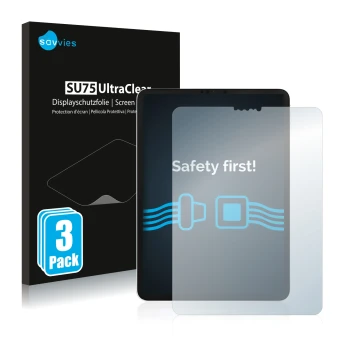 Face avant d’un emballage produit avec le logo de la marque Savvies. À côté, l’appareil Apple iPad Pro 11