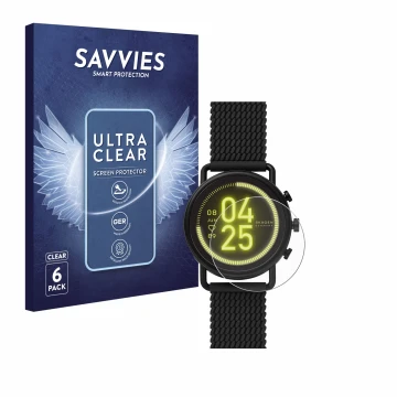 Face avant d’un emballage produit avec le logo de la marque Savvies. À côté, l’appareil Skagen Smartwatch Falster 3 est représ