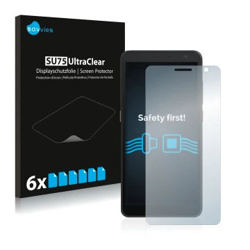 Face avant d’un emballage produit avec le logo de la marque Savvies. À côté, l’appareil Alcatel 1B 2020 est représenté avec la