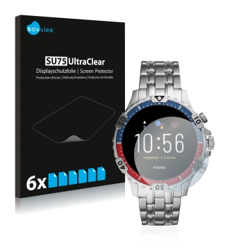 Face avant d’un emballage produit avec le logo de la marque Savvies. À côté, l’appareil Fossil Garrett HR (5. Gen) est représe