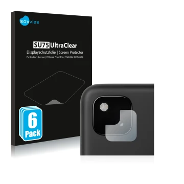 Face avant d’un emballage produit avec le logo de la marque Savvies. À côté, l’appareil Google Pixel 4a (Caméra UNIQUEMENT) es