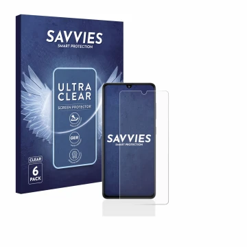 Face avant d’un emballage produit avec le logo de la marque Savvies. À côté, l’appareil Samsung Galaxy A41 est représenté avec