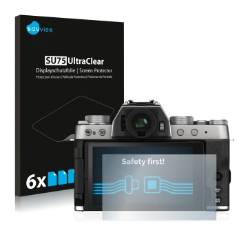 Face avant d’un emballage produit avec le logo de la marque Savvies. À côté, l’appareil Fujifilm X-T200 est représenté avec la