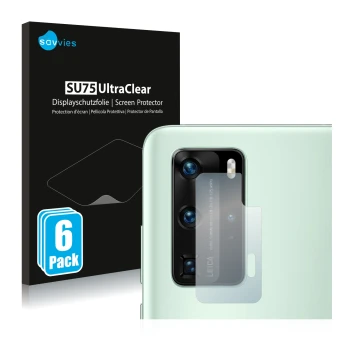 Face avant d’un emballage produit avec le logo de la marque Savvies. À côté, l’appareil Huawei P40 Pro (Caméra UNIQUEMENT) est