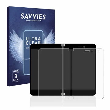 Face avant d’un emballage produit avec le logo de la marque Savvies. À côté, l’appareil Microsoft Surface Duo est représenté a