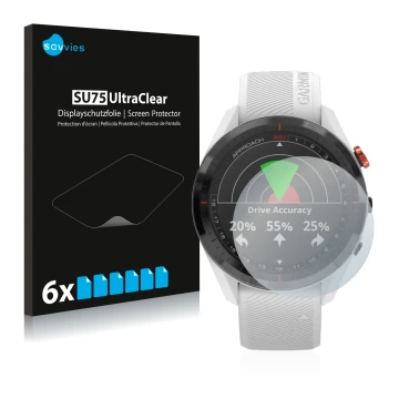 Face avant d’un emballage produit avec le logo de la marque Savvies. À côté, l’appareil Garmin Approach S62 est représenté ave