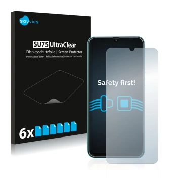 Face avant d’un emballage produit avec le logo de la marque Savvies. À côté, l’appareil Samsung Galaxy M31 est représenté avec