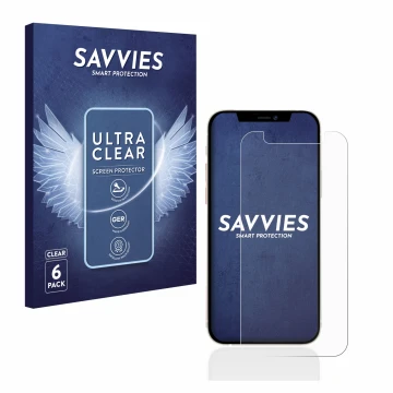 Face avant d’un emballage produit avec le logo de la marque Savvies. À côté, l’appareil Apple iPhone 12 mini est représenté av