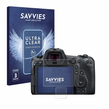 Face avant d’un emballage produit avec le logo de la marque Savvies. À côté, l’appareil Canon EOS R5 est représenté avec la pr