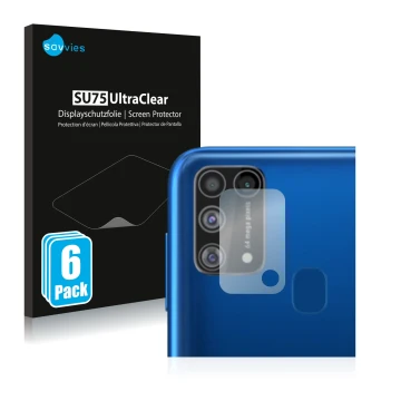 Face avant d’un emballage produit avec le logo de la marque Savvies. À côté, l’appareil Samsung Galaxy M31 (Caméra UNIQUEMENT)
