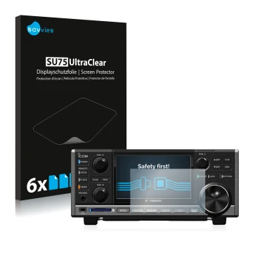 Face avant d’un emballage produit avec le logo de la marque Savvies. À côté, l’appareil Icom IC-R8600 est représenté avec la p