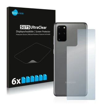 Face avant d’un emballage produit avec le logo de la marque Savvies. À côté, l’appareil Samsung Galaxy S20 Plus 5G (Arrière) e