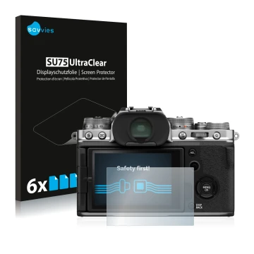 Face avant d’un emballage produit avec le logo de la marque Savvies. À côté, l’appareil Fujifilm X-T4 est représenté avec la p