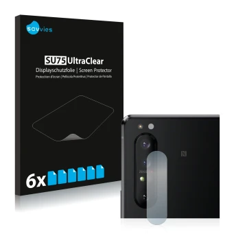 Face avant d’un emballage produit avec le logo de la marque Savvies. À côté, l’appareil Sony Xperia 1 II (Caméra UNIQUEMENT) e