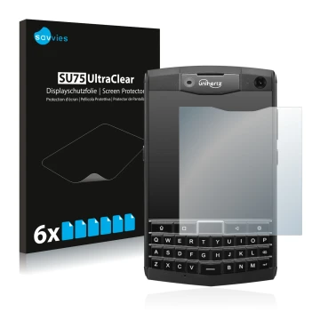 Face avant d’un emballage produit avec le logo de la marque Savvies. À côté, l’appareil Unihertz Titan est représenté avec la 