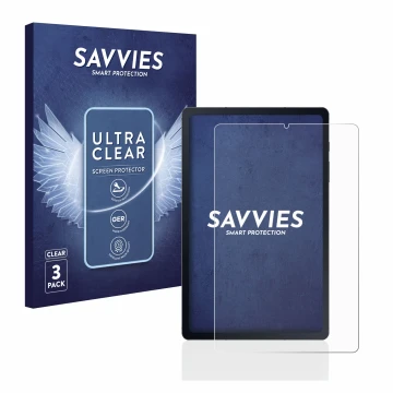 Face avant d’un emballage produit avec le logo de la marque Savvies. À côté, l’appareil Samsung Galaxy Tab S6 Lite LTE 2020 es
