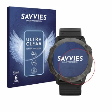 Face avant d’un emballage produit avec le logo de la marque Savvies. À côté, l’appareil Garmin Fenix 6X Pro Solar est représen