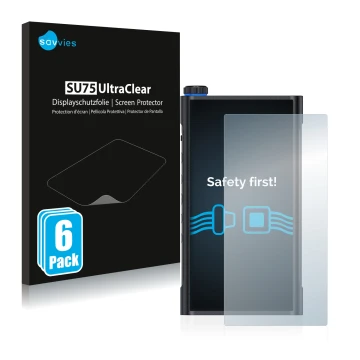 Face avant d’un emballage produit avec le logo de la marque Savvies. À côté, l’appareil FiiO M15 est représenté avec la protec