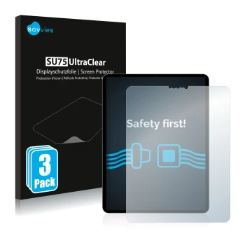 Face avant d’un emballage produit avec le logo de la marque Savvies. À côté, l’appareil Apple iPad Pro 11