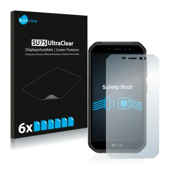 Face avant d’un emballage produit avec le logo de la marque Savvies. À côté, l’appareil Ulefone Armor X7 est représenté avec l