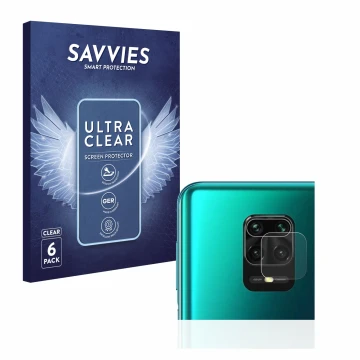 Face avant d’un emballage produit avec le logo de la marque Savvies. À côté, l’appareil Xiaomi Redmi Note 9S (Caméra UNIQUEMEN