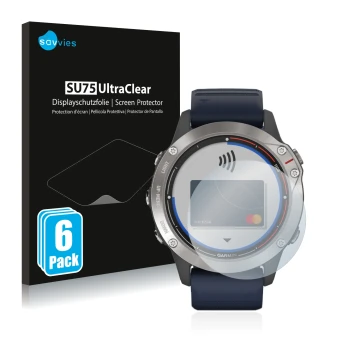 Face avant d’un emballage produit avec le logo de la marque Savvies. À côté, l’appareil Garmin quatix 6 est représenté avec la