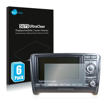 Face avant d’un emballage produit avec le logo de la marque Savvies. À côté, l’appareil Audi A3 8P 2004-2012 RNS-E est représe