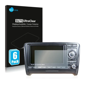 Face avant d’un emballage produit avec le logo de la marque Savvies. À côté, l’appareil Audi A4 8E 2004-2009 RNS-E est représe