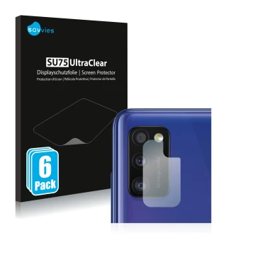 Face avant d’un emballage produit avec le logo de la marque Savvies. À côté, l’appareil Samsung Galaxy A41 (Caméra UNIQUEMENT)