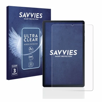 Face avant d’un emballage produit avec le logo de la marque Savvies. À côté, l’appareil Samsung Galaxy Tab S6 Lite WiFi 2020 e