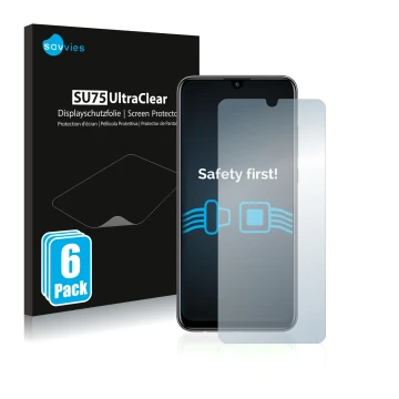 Face avant d’un emballage produit avec le logo de la marque Savvies. À côté, l’appareil Huawei P smart 2020 est représenté ave