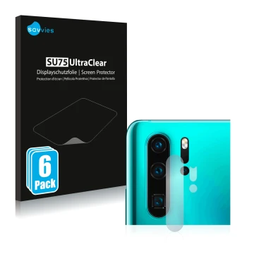 Face avant d’un emballage produit avec le logo de la marque Savvies. À côté, l’appareil Huawei P30 Pro New Edition (Caméra UNI