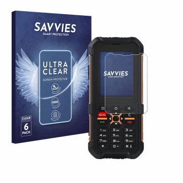 Face avant d’un emballage produit avec le logo de la marque Savvies. À côté, l’appareil RugGear RG170 est représenté avec la p