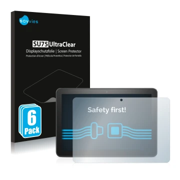 Face avant d’un emballage produit avec le logo de la marque Savvies. À côté, l’appareil Amazon Fire HD 8 Plus 2020 (10ème Gen.