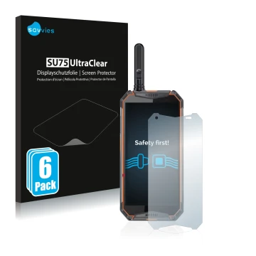 Face avant d’un emballage produit avec le logo de la marque Savvies. À côté, l’appareil Ulefone Armor 3w est représenté avec l