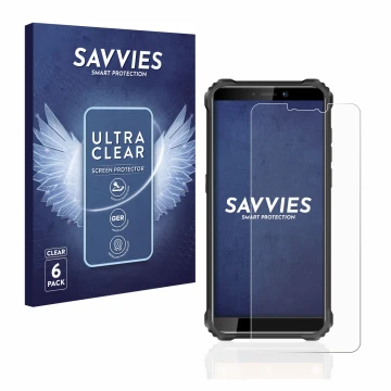 Face avant d’un emballage produit avec le logo de la marque Savvies. À côté, l’appareil Oukitel WP5 est représenté avec la pro