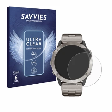 Face avant d’un emballage produit avec le logo de la marque Savvies. À côté, l’appareil Garmin quatix 6x Solar est représenté 