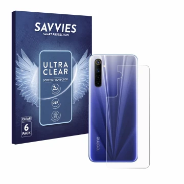 Face avant d’un emballage produit avec le logo de la marque Savvies. À côté, l’appareil realme 6 (Arrière) est représenté avec