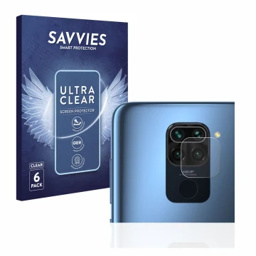 Face avant d’un emballage produit avec le logo de la marque Savvies. À côté, l’appareil Xiaomi Redmi Note 9 (Caméra UNIQUEMENT