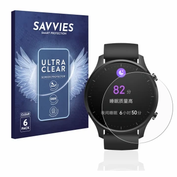 Face avant d’un emballage produit avec le logo de la marque Savvies. À côté, l’appareil Xiaomi Mi Watch Revolve est représenté