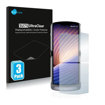 Face avant d’un emballage produit avec le logo de la marque Savvies. À côté, l’appareil Motorola Razr 5G 2020 est représenté a