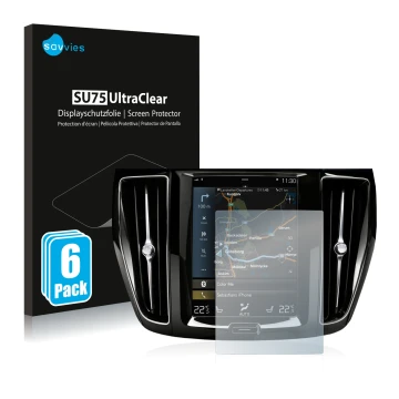 Face avant d’un emballage produit avec le logo de la marque Savvies. À côté, l’appareil Volvo S60 Sensus Connect 2020 est repr