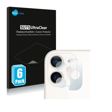 Face avant d’un emballage produit avec le logo de la marque Savvies. À côté, l’appareil Apple iPhone 12 mini (Caméra UNIQUEMEN