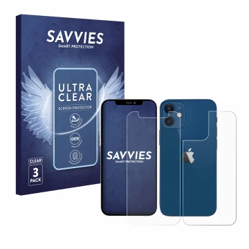 Face avant d’un emballage produit avec le logo de la marque Savvies. À côté, l’appareil Apple iPhone 12 mini (Avant+Arrière) e