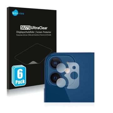 Face avant d’un emballage produit avec le logo de la marque Savvies. À côté, l’appareil Apple iPhone 12 (Caméra UNIQUEMENT) es