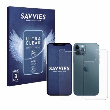 Face avant d’un emballage produit avec le logo de la marque Savvies. À côté, l’appareil Apple iPhone 12 Pro (Avant+Arrière) es