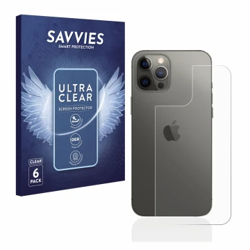 Face avant d’un emballage produit avec le logo de la marque Savvies. À côté, l’appareil Apple iPhone 12 Pro Max (Arrière) est 