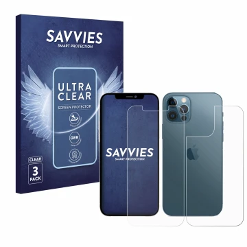Face avant d’un emballage produit avec le logo de la marque Savvies. À côté, l’appareil Apple iPhone 12 Pro Max (Avant+Arrière