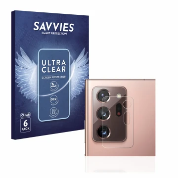Face avant d’un emballage produit avec le logo de la marque Savvies. À côté, l’appareil Samsung Galaxy Note 20 Ultra (Caméra U